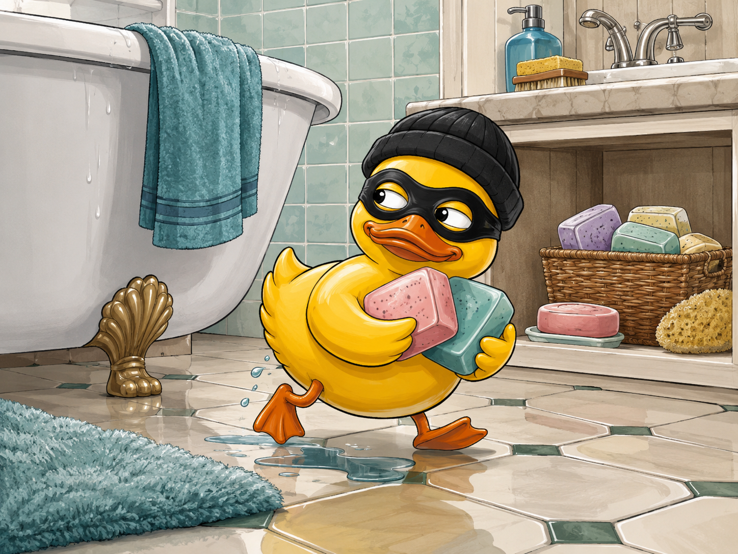 A cartoon duck wearing a black bandit mask and beanie, sneaking out of a bathroom with a bar of pink soap.